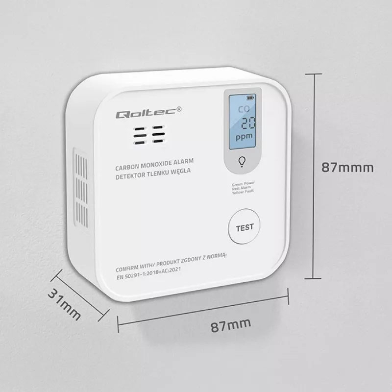 Rilevatore di monossido di carbonio QOLTEC 52577 — allarme a batteria, livello sonoro 85 dB