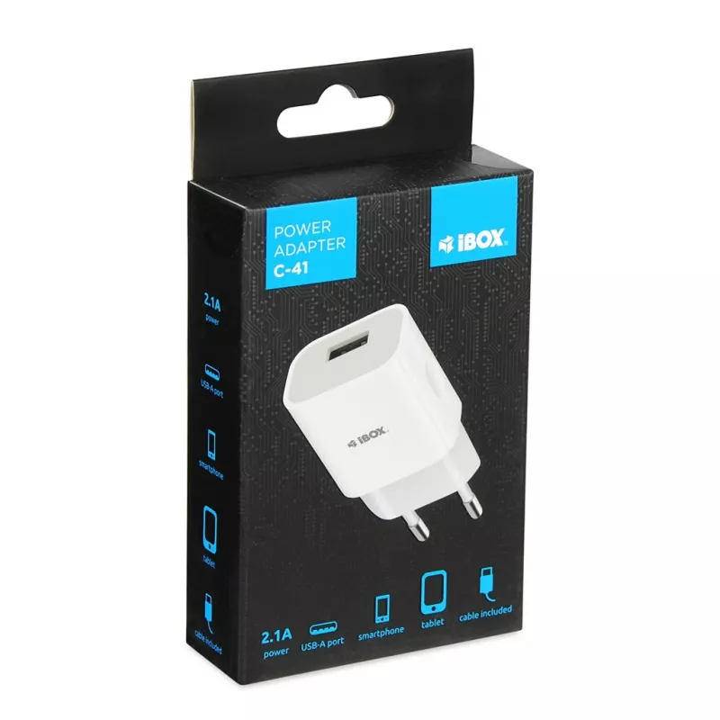 Caricabatterie iBOX C-41 USB 2A, 1 porta USB, cavo microUSB, bianco