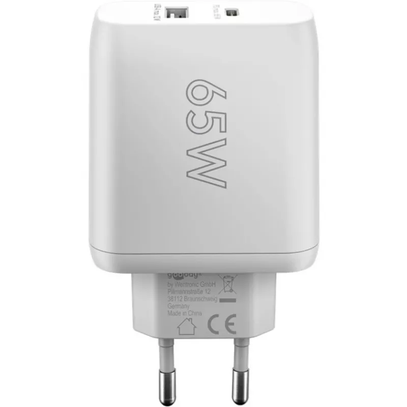 Caricabatterie rapido duale USB-C, PD, GaN, 65 Watt (bianco, 1x USB-C, 1x USB-A, Power Delivery)