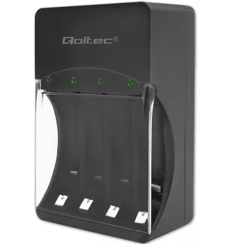 Caricabatterie QOLTEC 50653 per batterie ricaricabili Ni-MH AAA (R03) e AA (R6), ingresso 220–240 V, uscita 1,2 V