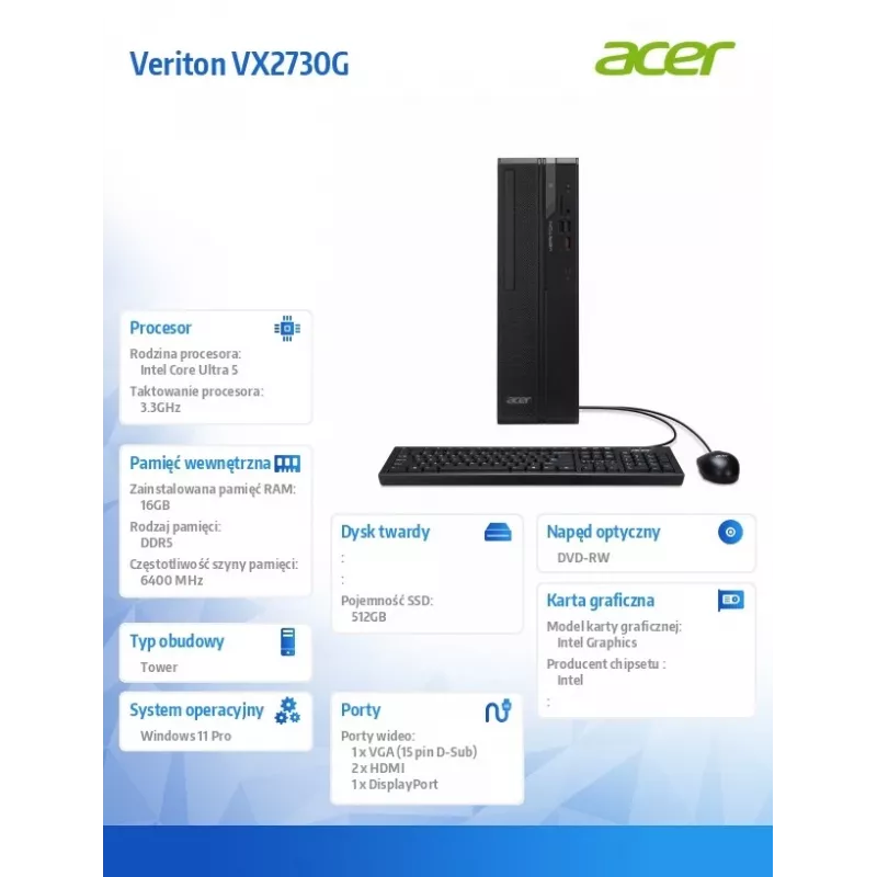 Desktop PC Acer Veriton VX2730G U5 225 con 16 GB RAM e 512 GB SSD, Windows 11 Pro