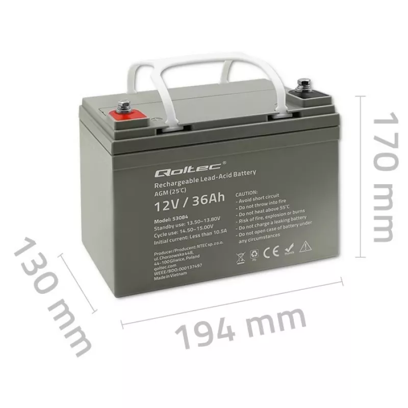 Batteria sigillata AGM per UPS QOLTEC 53084 12V 36Ah LongLife