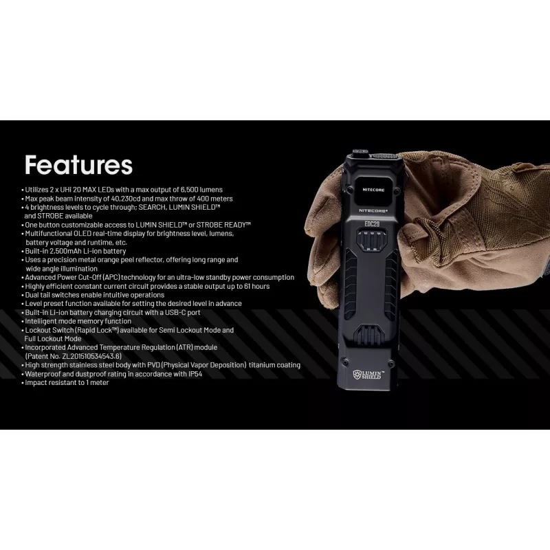 Torcia portatile Nitecore EDC29 corpo in acciaio inox, 2 LED, 15–6500 lm, IP54, USB ricaricabile