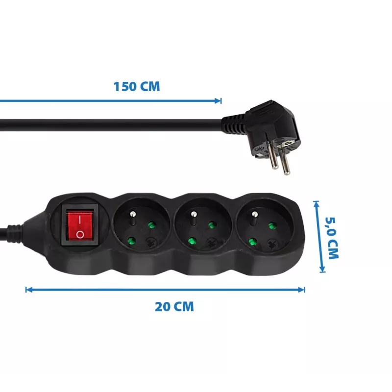 Prolunga elettrica ESPERANZA ELK210K — cavo 1,5 m, 3 prese AC tipo E, spina angolare, interno, nero