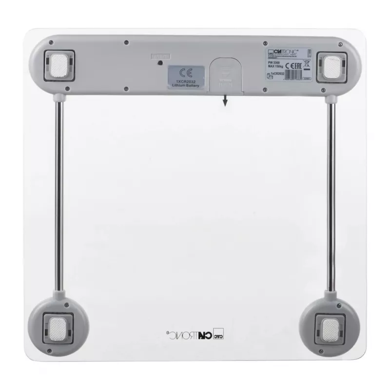 Bilancia pesapersone elettronica CLATRONIC PW 3368 — max 150 kg, precisione 100 g, piattaforma in vetro