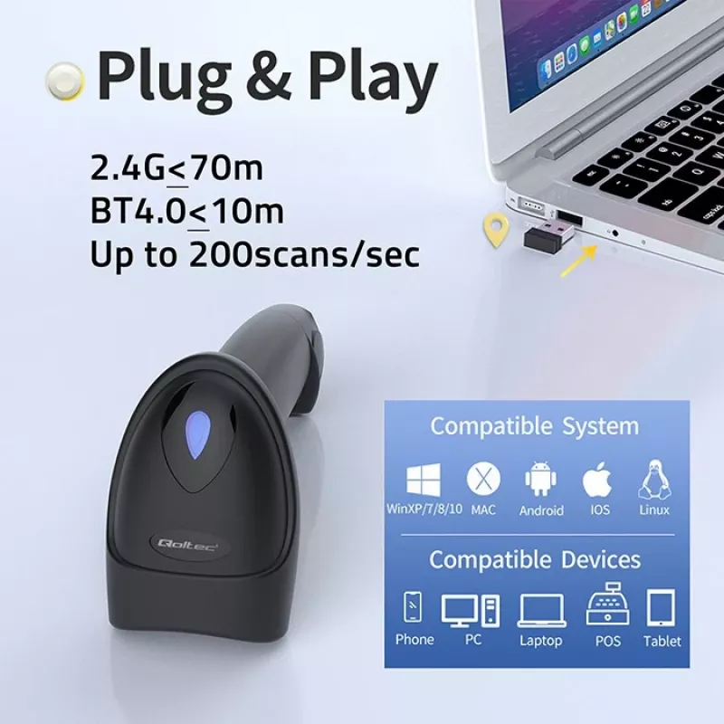 Lettore di codici a barre QOLTEC 50880 1D/2D USB — scanner palmare con interfaccia USB