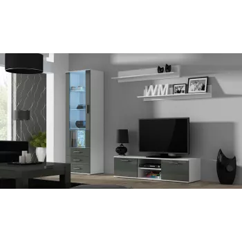 Supporto TV cama meble SOHO 140 — 1400×430×370 mm, piano superiore bianco, truciolare, struttura bianca, bianco/grigio lucido