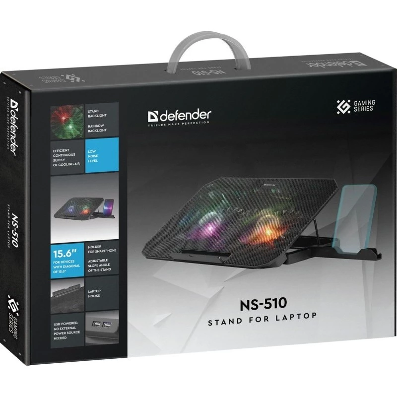 Base di raffreddamento per notebook DEFENDER NS-510 con 2 ventole, 2 porte USB e illuminazione RGB
