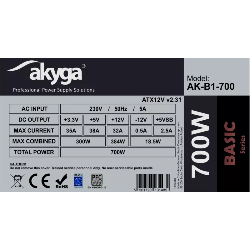 Akyga AK-B1-700 Basic alimentatore ATX 700 W, PFC passivo, ventola 120 mm, grigio