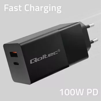 Qoltec 52382 GaN POWER PRO caricabatterie | 1xUSB Type C | 1xUSB A | 100W | 5-20V | 1.5-5A | PD | nero