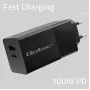Qoltec 52382 GaN POWER PRO caricabatterie | 1xUSB Type C | 1xUSB A | 100W | 5-20V | 1.5-5A | PD | nero