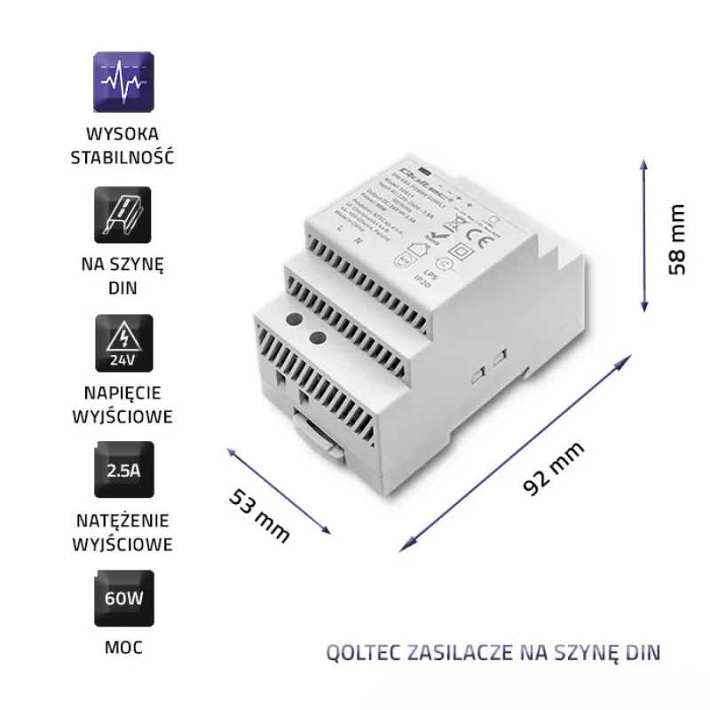 Alimentatore per guida DIN QOLTEC 24V 2.5A 60W grigio