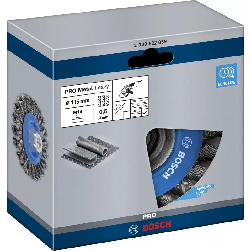 Bosch Heavy for Metal 2608622059 spazzola a disco in filo d'acciaio intrecciato, Ø 115 mm, filo 0,5 mm, M14, per smerigliatrici angolari