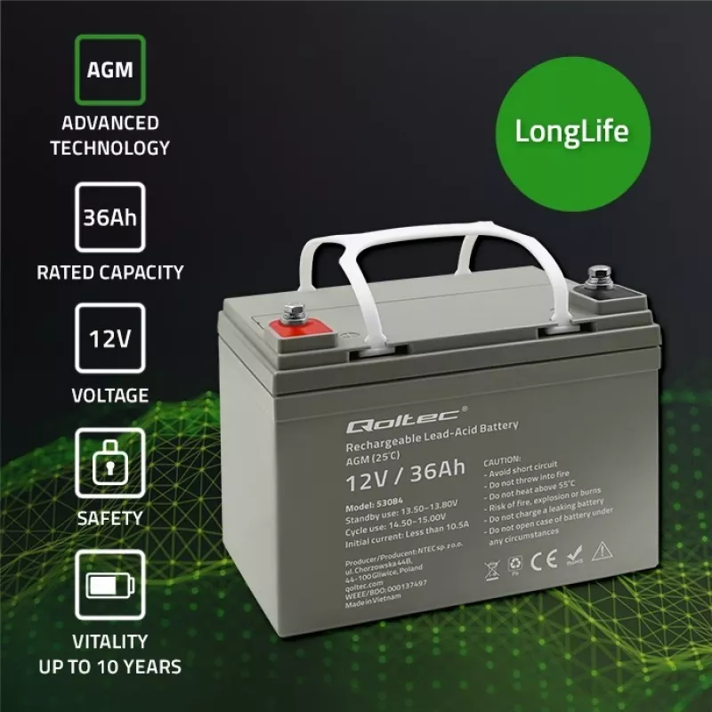 Batteria sigillata AGM per UPS QOLTEC 53084 12V 36Ah LongLife