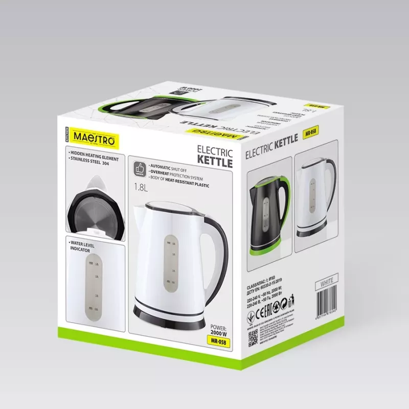 Bollitore elettrico Maestro MR-058-WHITE 1,8 L, 2000 W, senza filo, filtro rimovibile