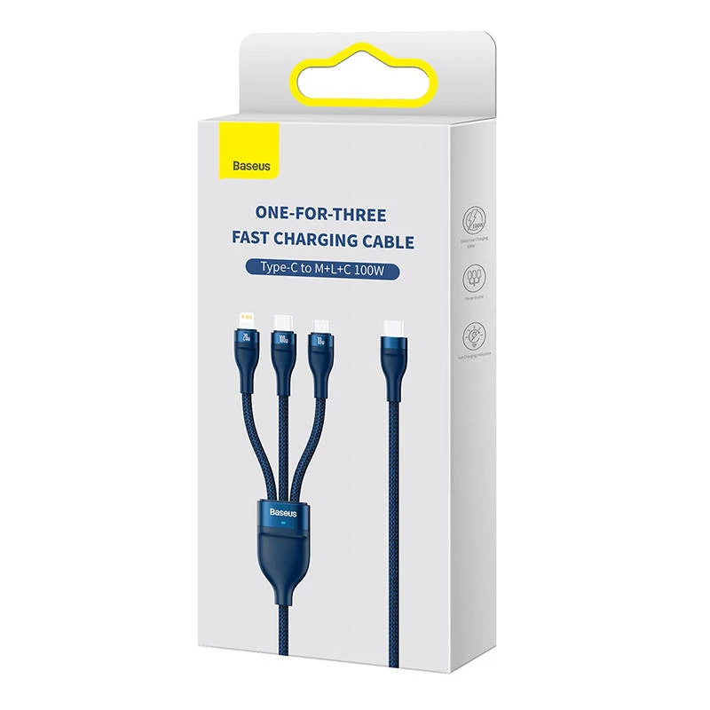 Cavo USB 3in1 Baseus Flash Series 2, USB-C + Micro-USB + Lightning, 100 W, 1,5 m (blu)