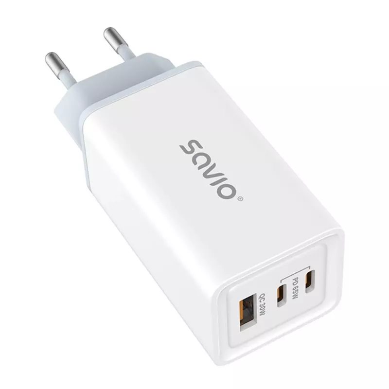 Alimentatore SAVIO LA-07 GaN 65W, USB, QC4.0+, PD 3.0, bianco