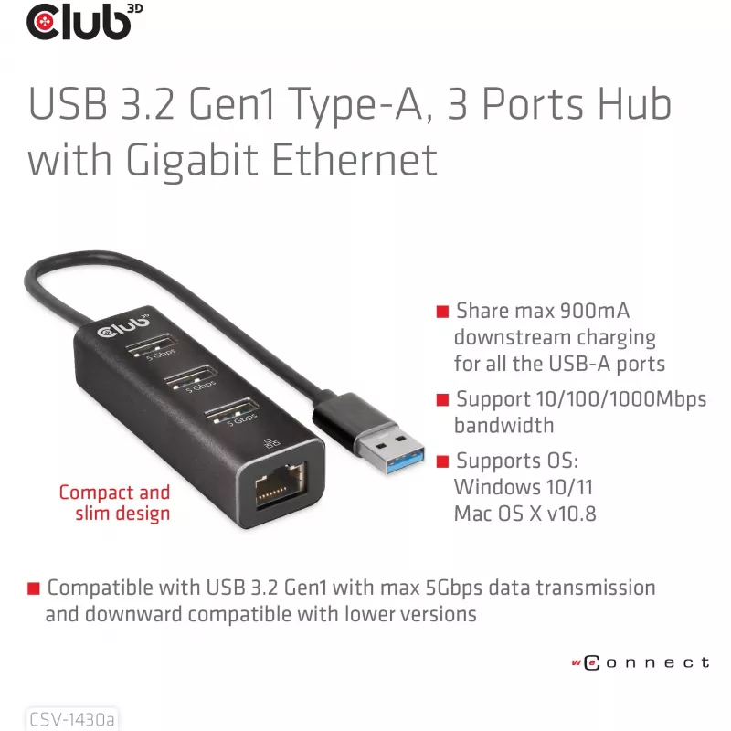 Hub USB CLUB3D USB 3.2 Gen1 Type-A con 3 porte e Gigabit Ethernet