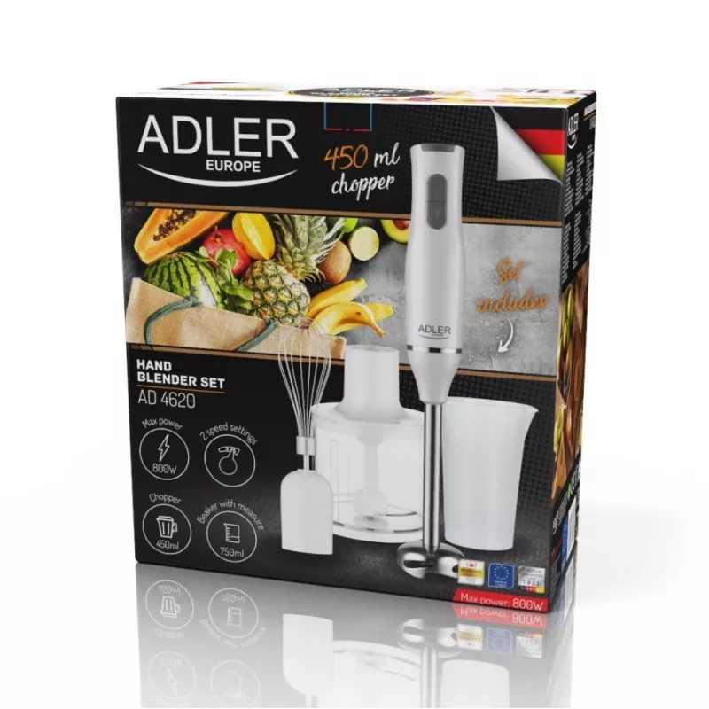 Adler AD 4620 set frullatore a immersione, 800 W, 2 velocità, tritatutto da 450 ml, bicchiere da 750 ml, frusta, bianco