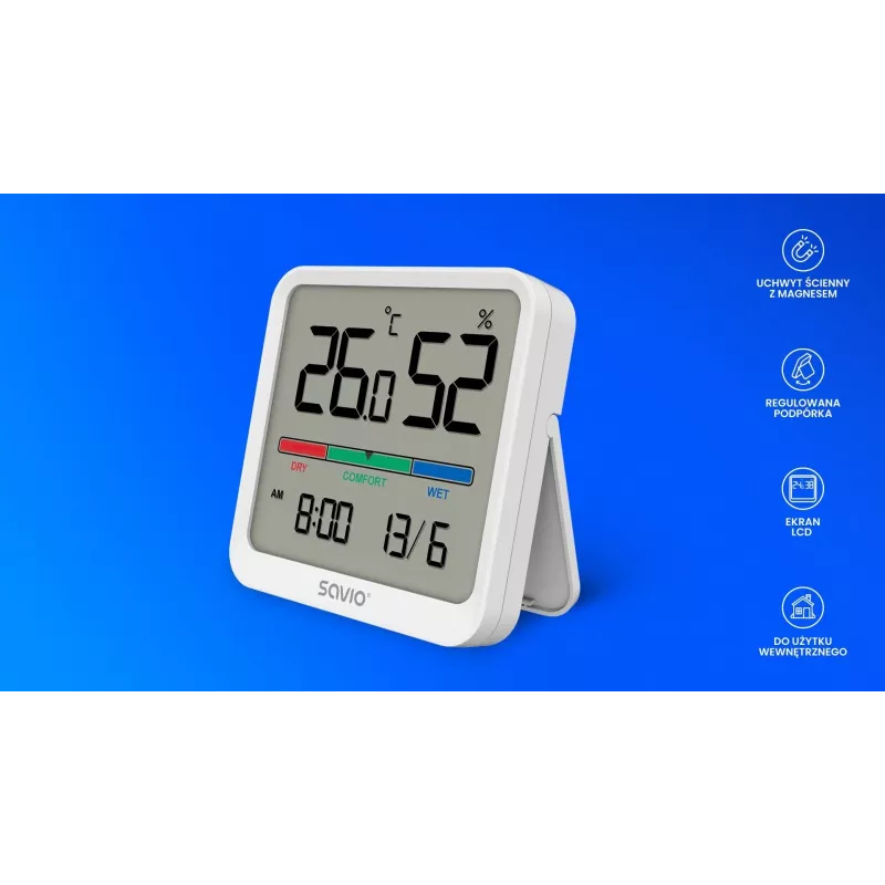 Sensore di temperatura e umidità per interni SAVIO CT-01/W, display LCD, -10–55 °C, 10–99 % rH, batteria CR2032
