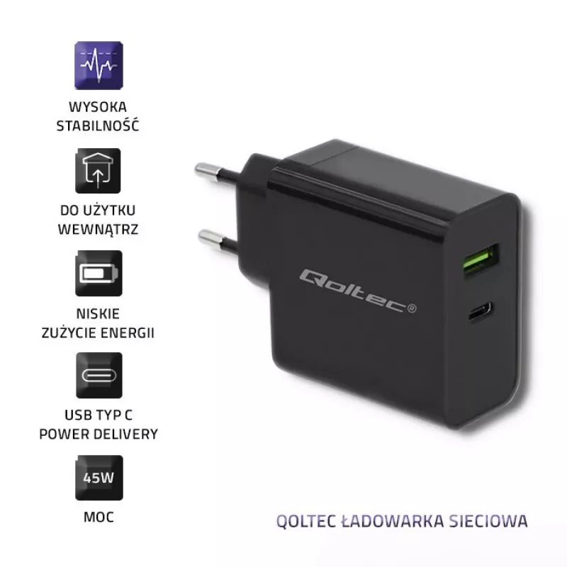 Alimentatore QOLTEC 51717 45W 20V 3A caricabatterie AC per interni per smartwatch, nero