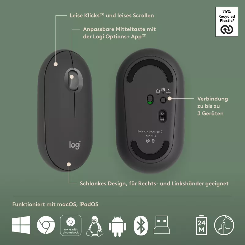 Logitech Pebble 2 Combo Tastiera e mouse wireless QWERTZ tedesco grafite