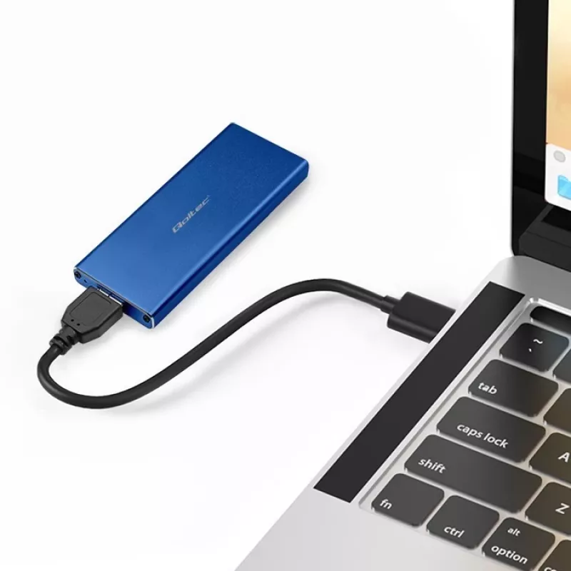 Case per SSD QOLTEC 51832 — esterno M.2 SATA, USB 3.0, fino a 2 TB, blu, supporta unità da 30 mm, 4 slot