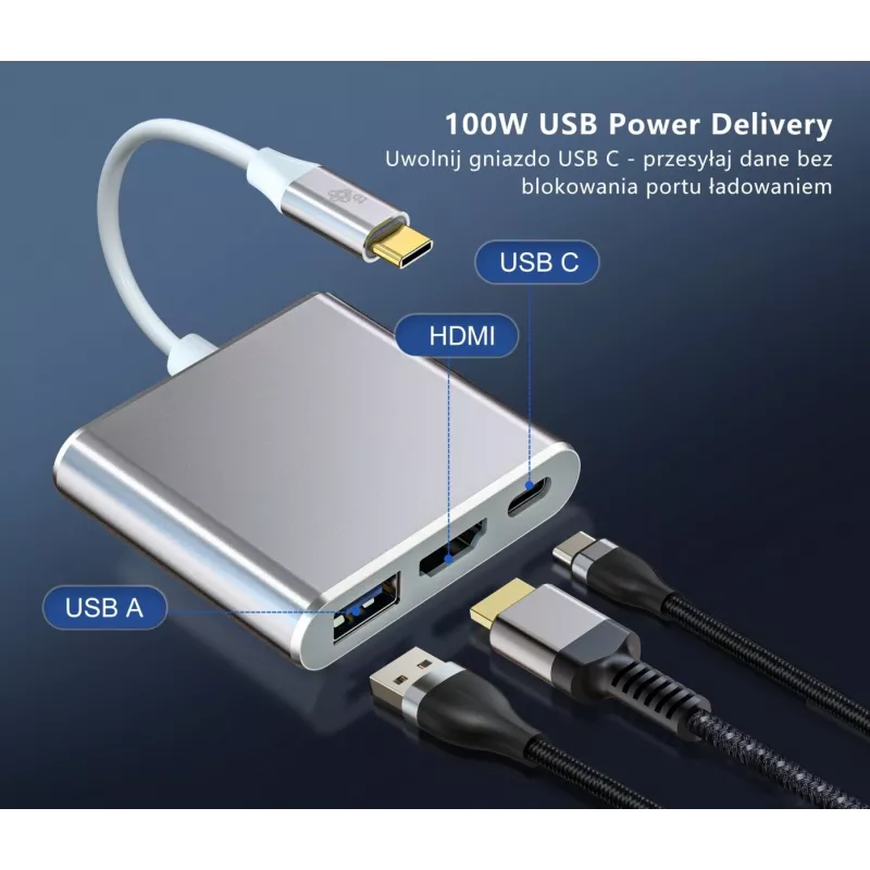 Hub adattatore USB-C TB AKTBXVAU3HMPDAV — 3-in-1: HDMI + USB-A + USB-C PD, argento