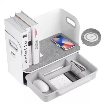 Organizer da scrivania con cassetto e caricabatterie wireless Ergo Office, bianco, max. 10kg, ER-441