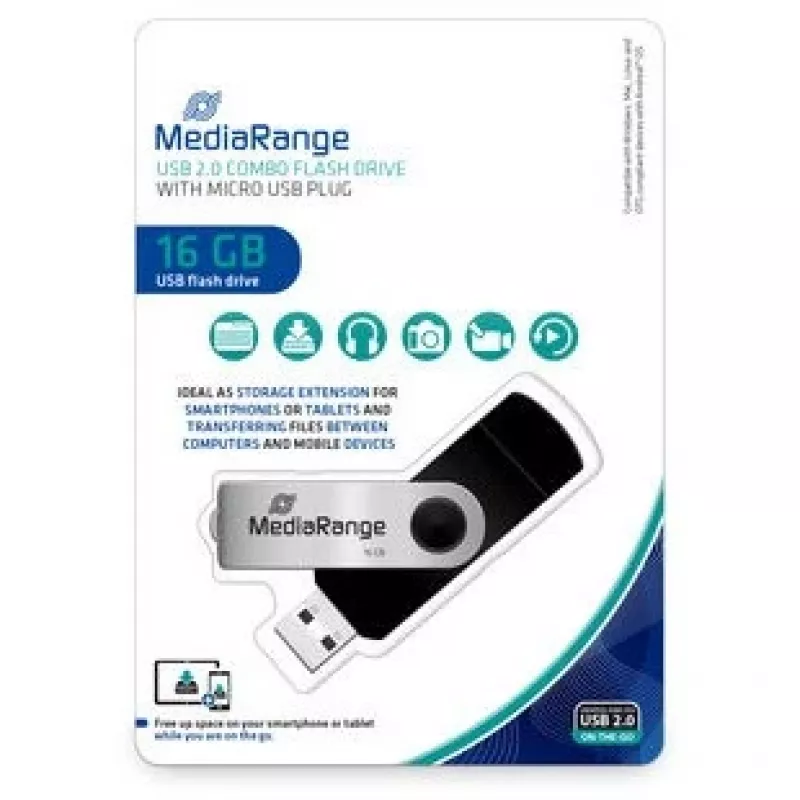 MEDIARANGE MR931-2 - 16 GB - USB Type-A / Micro-USB - 2.0 - 15 MB/s - anello rotante - argento - nero