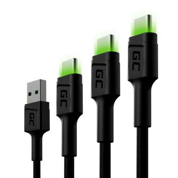 Set di cavi USB-C Green Cell GC Ray — USB A a USB C 3 lunghezze (30 cm, 120 cm, 200 cm), USB PD, 480 Mbit/s, 2,4 A, nero