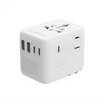 Adattatore da viaggio GEMBIRD TPA-2A3C70-01-W – spina tipo I, 3× USB-C (70 W), 2× USB-A (18 W), 100–250 V, bianco