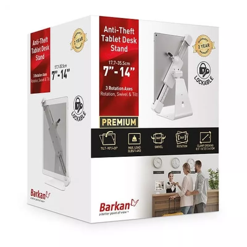 Barkan T71HL supporto da scrivania per tablet con serratura 7–14 pollici, girevole a 360°, bianco