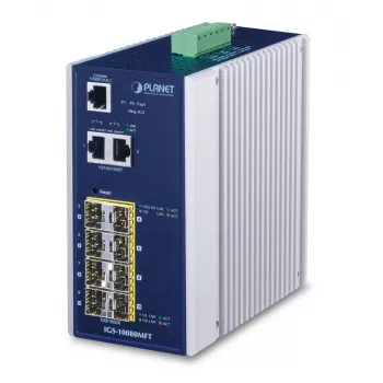 Switch di rete managed PLANET IGS-10080MFT — 2 x Gigabit RJ-45, 8 x SFP, 12–48V DC, Managed, IP30
