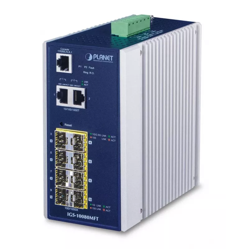 Switch di rete managed PLANET IGS-10080MFT — 2 x Gigabit RJ-45, 8 x SFP, 12–48V DC, Managed, IP30