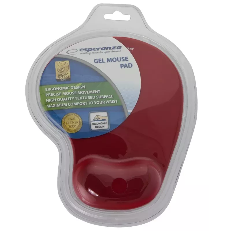 Tappetino per mouse ESPERANZA EA137R — superficie in gel rossa, base antiscivolo, poggiapolsi integrato