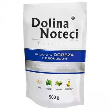 Cibo umido per cani dolina noteci Premium ricco di merluzzo con broccoli 500 g – alimento completo per cani adulti