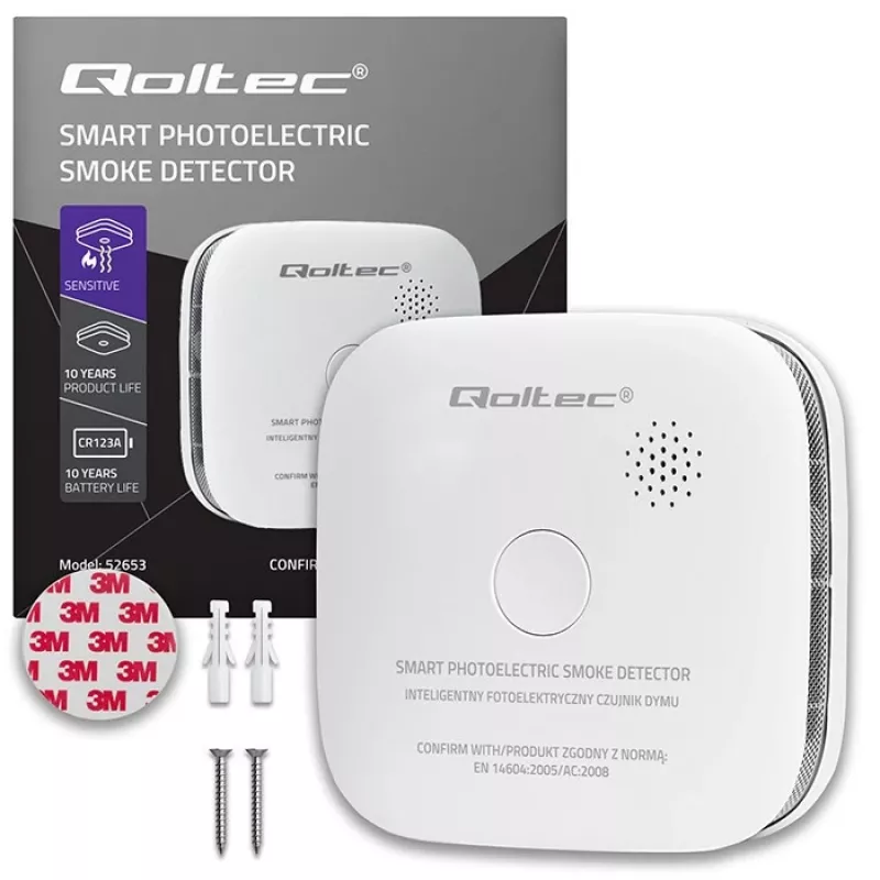 Rilevatore di fumo radio QOLTEC modello 52653 con allarme a batteria 85 dB