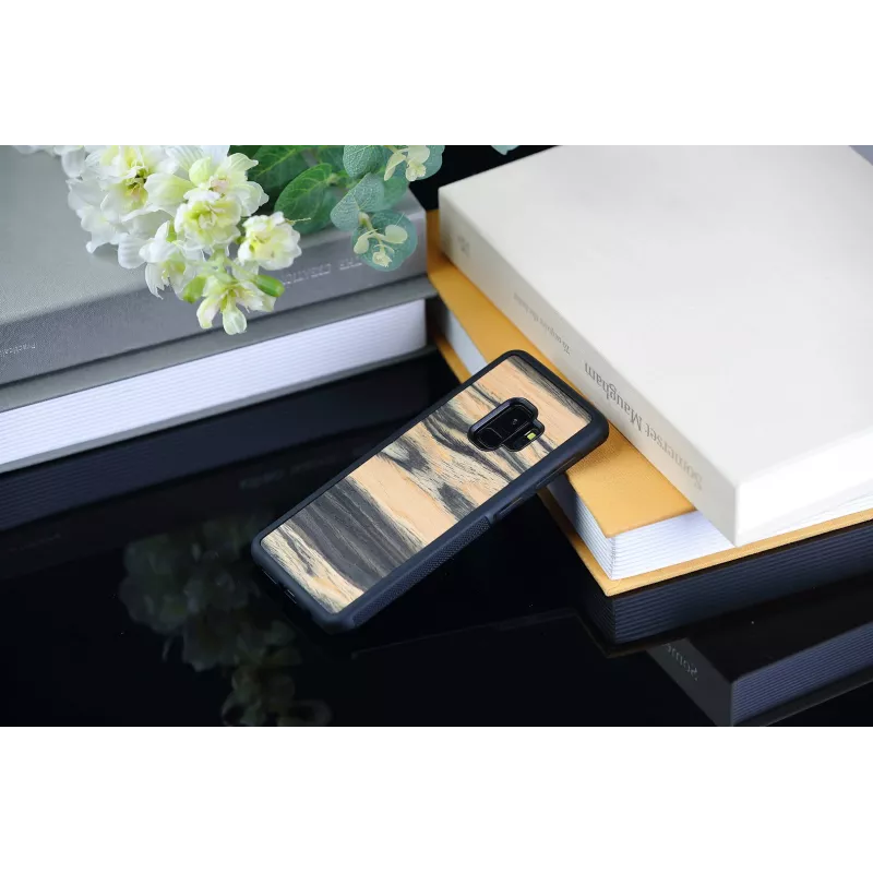 Custodia per smartphone in legno per Samsung Galaxy S9, finitura ebano bianco/nero