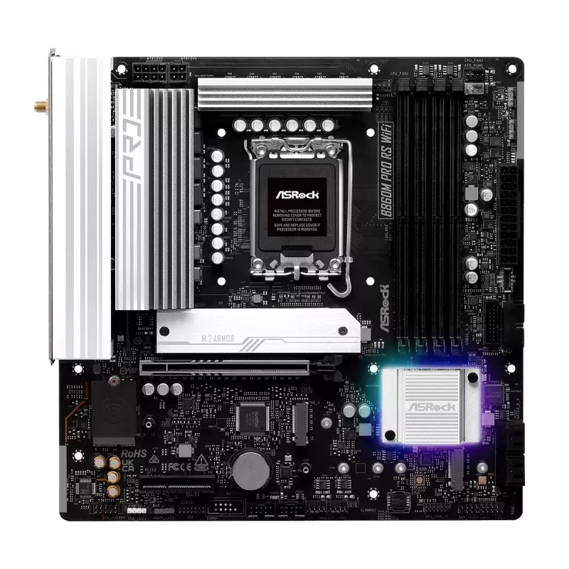 Scheda madre ASRock B860M Pro RS WiFi — Intel B860, LGA 1851, micro ATX, DDR5, 4 DIMM, 3x M.2, 2.5Gb LAN, Wi‑Fi, Bluetooth