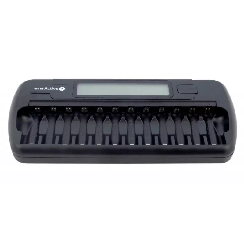 Caricabatterie everActive NC-1200 – caricabatterie universale a 12 vani per AA/AAA, ingresso 12 V, nero