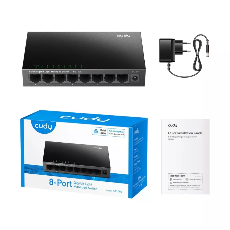 Switch managed Cudy GS108E 8 porte Gigabit Ethernet, 8x 10/100/1000 Mbps, case in metallo, switching 16 Gbps, IGMP & DHCP Snooping