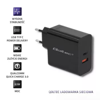 Alimentatore QOLTEC 51716 — AC 220–240V a 20V 3A (63W), nero, caricabatterie universale da interno