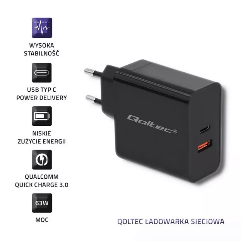 Qoltec 51716 caricabatterie da parete 63 W, USB-C PD + USB QC 3.0, 5-20 V 1,5-3 A, nero