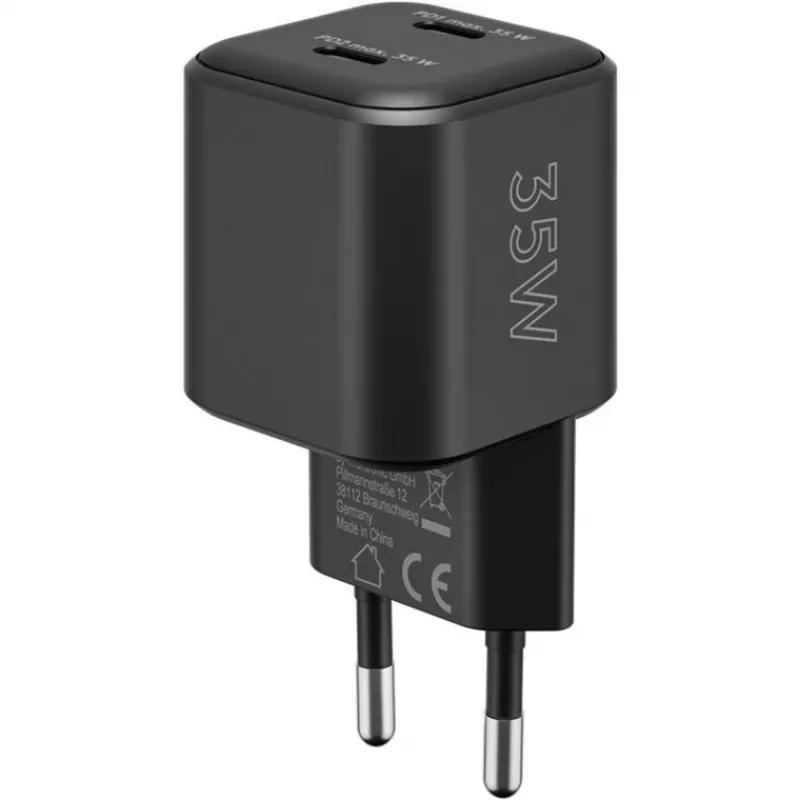 Caricabatterie da parete GOOBAY 75333 — caricabatterie universale AC-USB-C per interni, 2x USB-C, 35 W, nero
