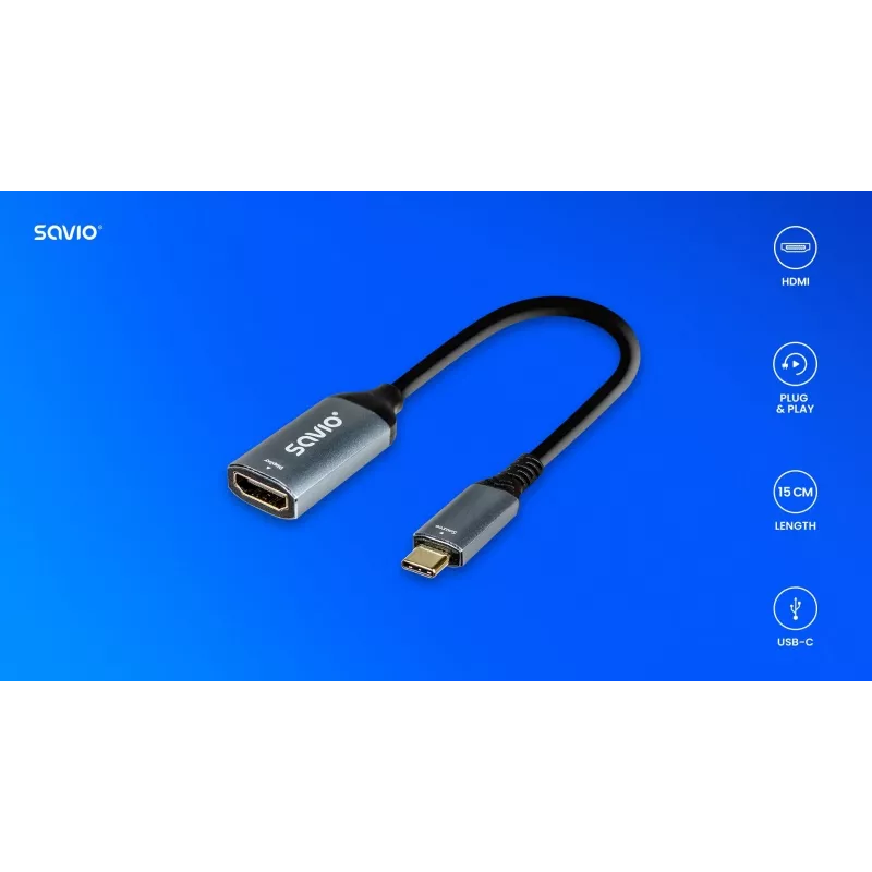 Savio Adattatore USB-C (M) HDMI (f), 4K, 60Hz, alluminio, AK-78