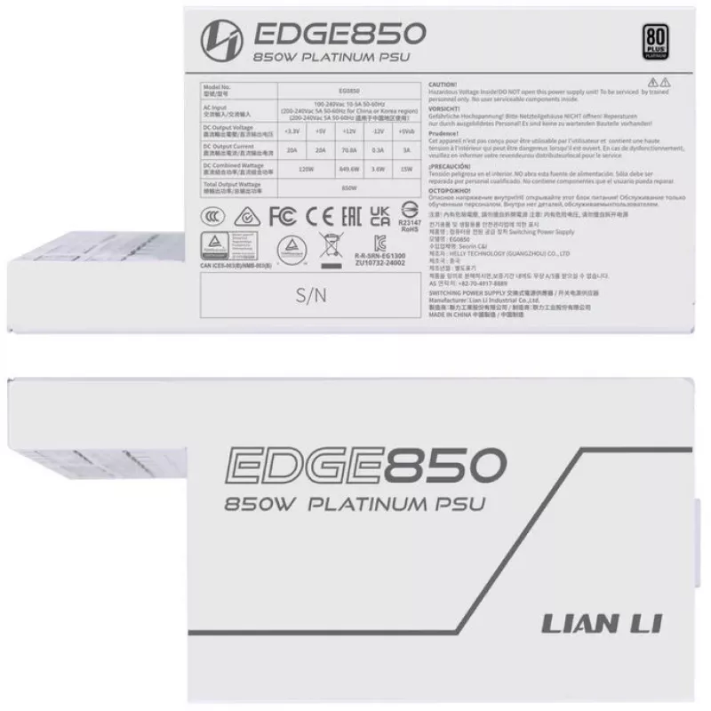 Alimentatore Lian Li EDGE EG0850 850 W, 80 PLUS Platinum, ATX 3.1, PCIe 5.1, bianco