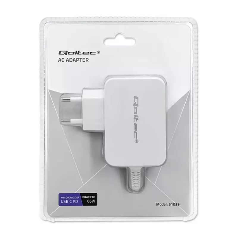 Qoltec 51039 alimentatore 65 W USB-C PD, 5–20,3 V, 2–3,25 A, cavo USB-C integrato, bianco