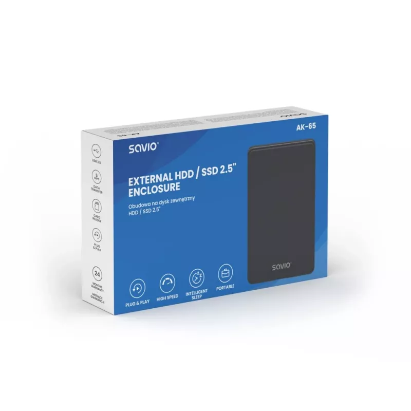Case per HDD/SSD SAVIO AK-65 nero 2,5 pollici SATA USB 3.0 5 Gbit/s Micro-USB