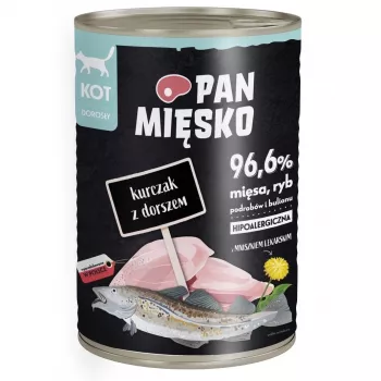 Cibo umido per gatti Pan Mięsko pollo con merluzzo 400 g – adulti, senza cereali, per gatti allergici